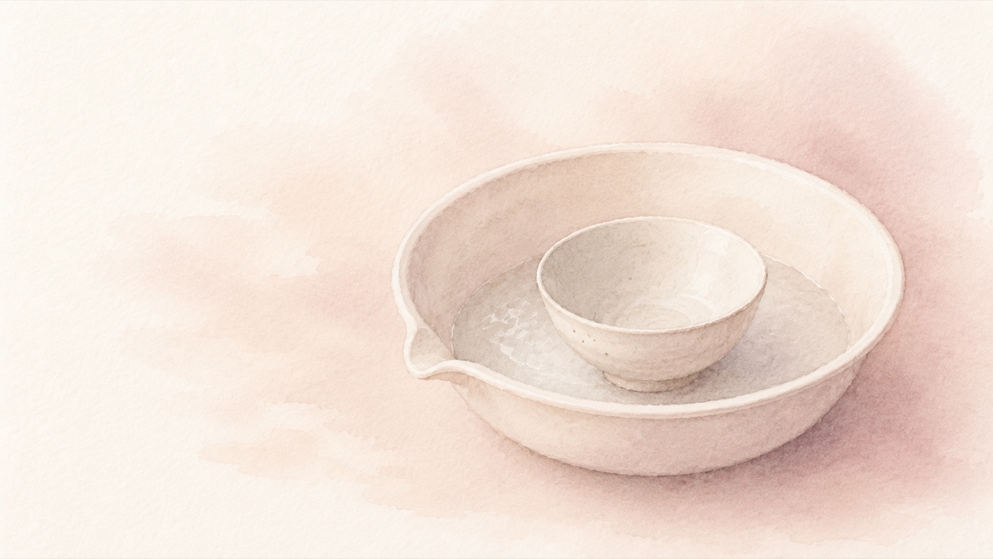 洗い桶の中の茶碗の水彩イラスト ― 家事分担を見直して話し合う