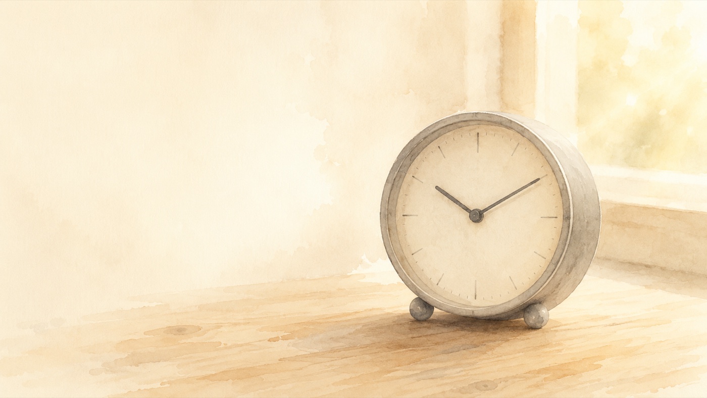 窓辺の小さな時計の水彩イラスト ― 排卵検査薬を使うタイミングと考え方